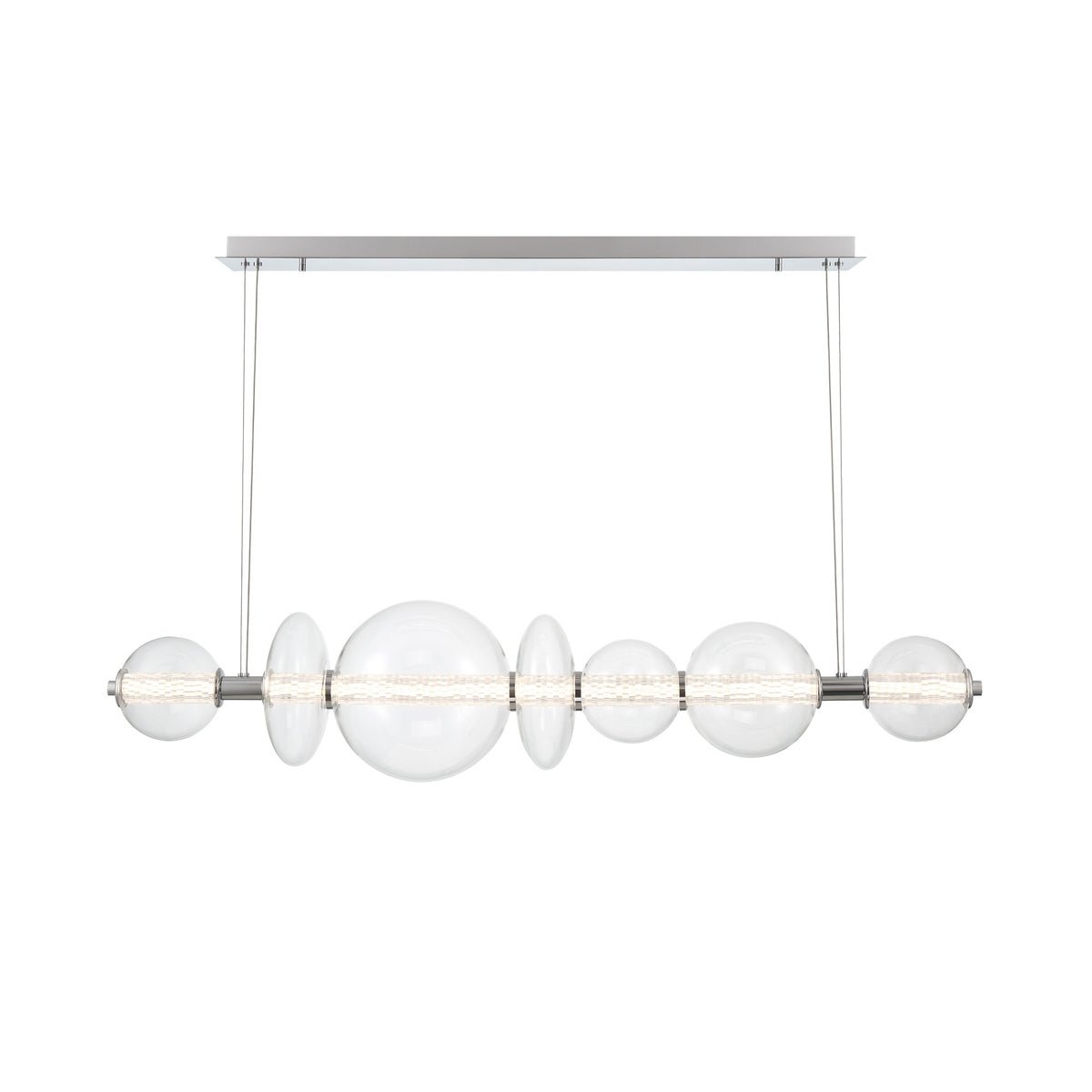 Eurofase Atomo 56" 7-Light Chandelier, Chrome with Clear Glass, front view