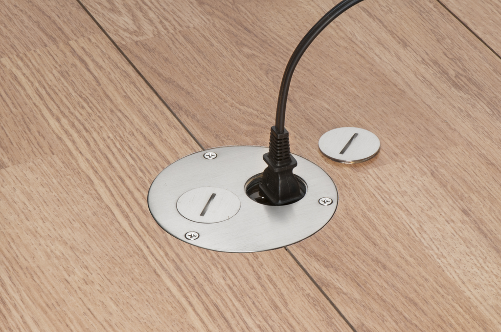 A photo of a , by FLB3520NLGC Arlington Nickel Retro Floor Box - Flush Round Kit, Threaded Plugs - ARLINGTON eCommerce - Maple Electric Supply 