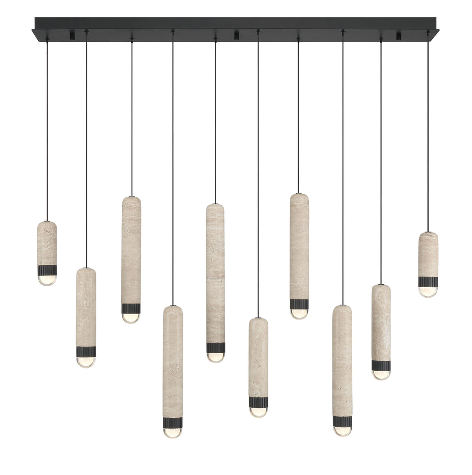 Eurofase Cambre 50" 10-Light LED Chandelier, Matte Black with Travertine, front view