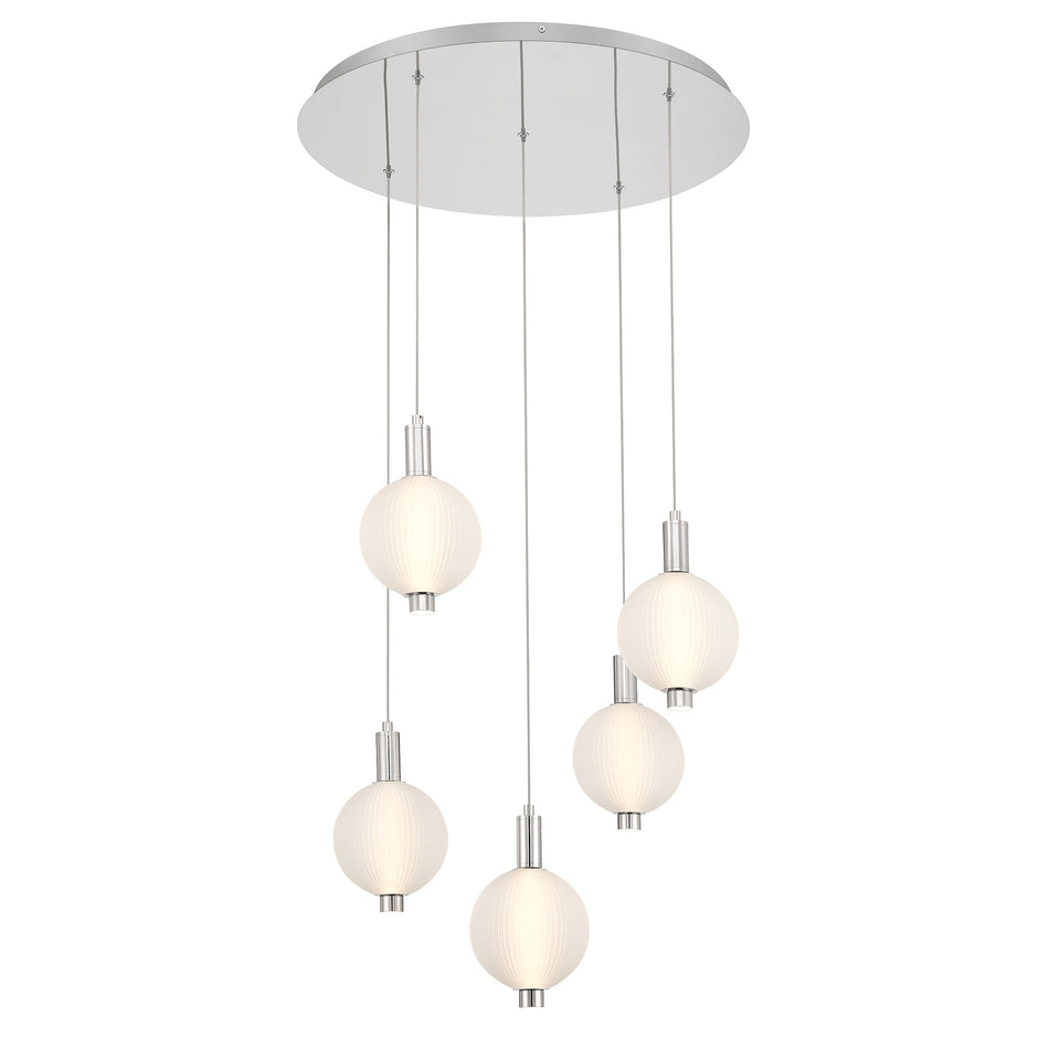 Eurofase Palmas 24" 5-Light LED Chandelier, Polished Nickel with White Glass, front view