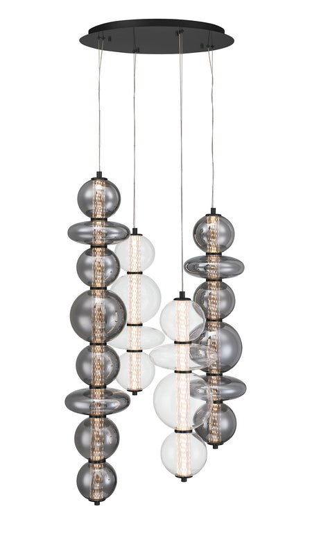 Eurofase Atomo 50" 4-Light Chandelier, Matte Black with Mixed Glass, front view