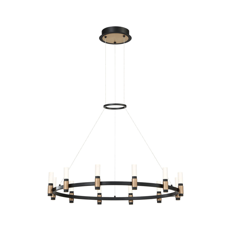Eurofase Albany 32" 12-Light LED Chandelier, Brass-Black Mix with White Acrylic, front view