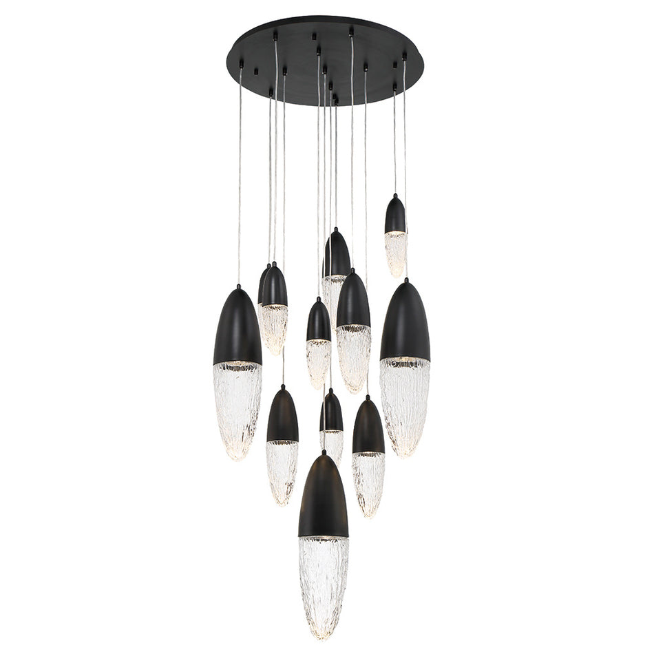 Eurofase Ecrou 30" 12-Light Chandelier, Matte Black with Clear Glass, front view