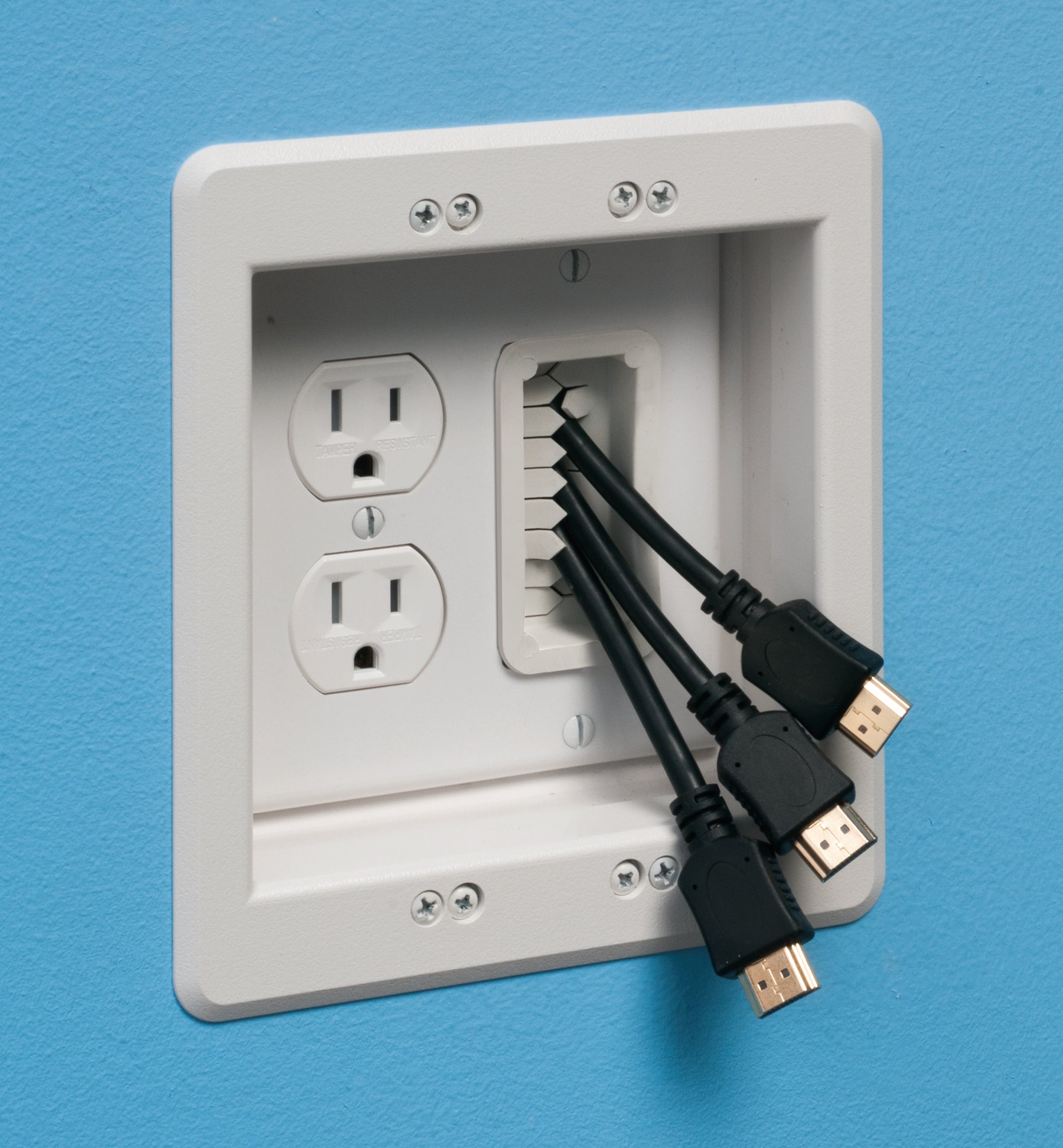 A photo of a , by Arlington TVBU507GC - 3 Gang White TV Box, Recessed Plastic - ARLINGTON eCommerce - Maple Electric Supply in Canada