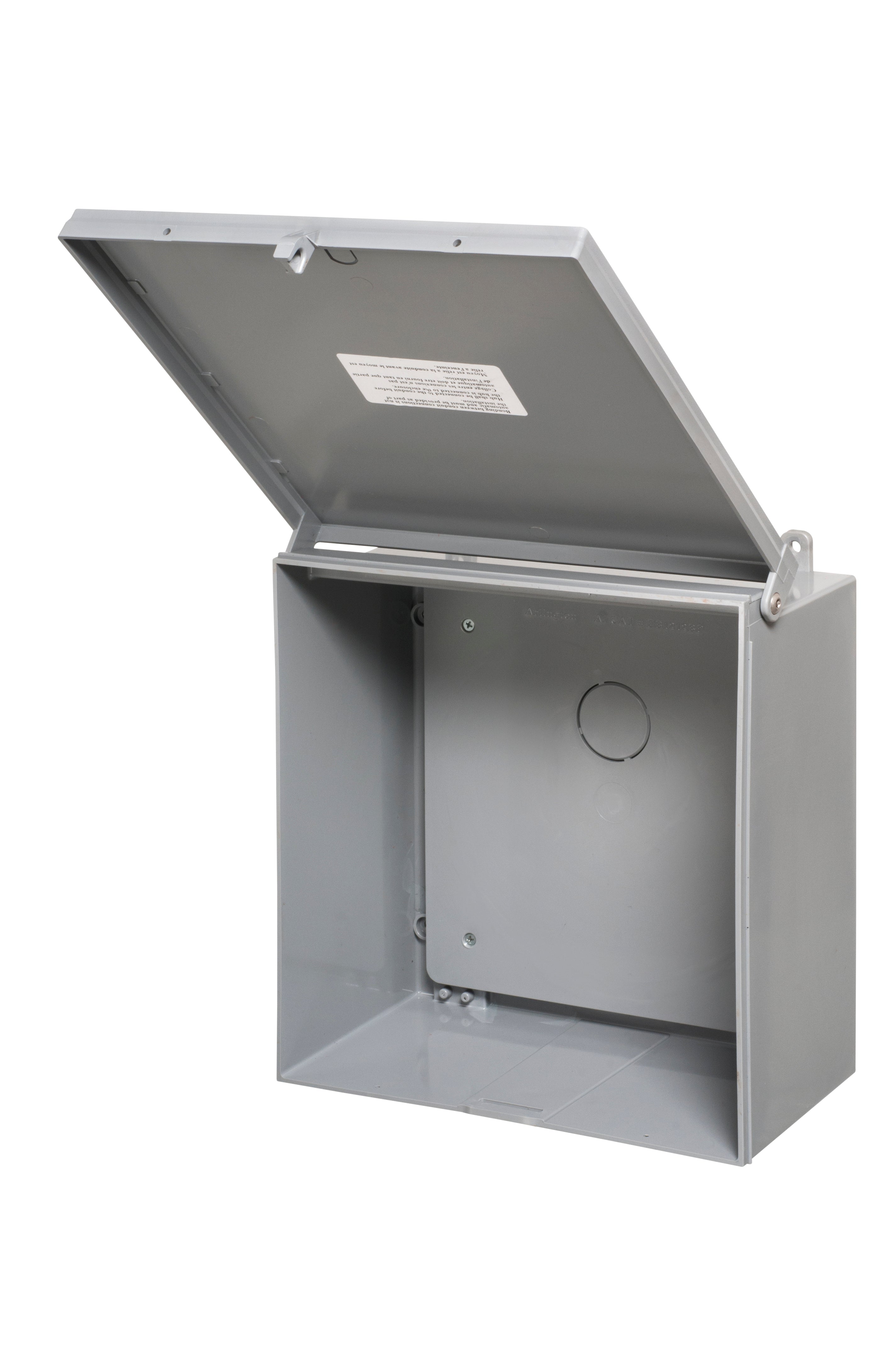 A photo of a , by Arlington Gray Box 12"X12"X6 W/B Heavy-Duty Non-Metallic Enclosure Box with back plate - EB12126BP - ARLINGTON eCommerce - Maple Electric Supply in Canada