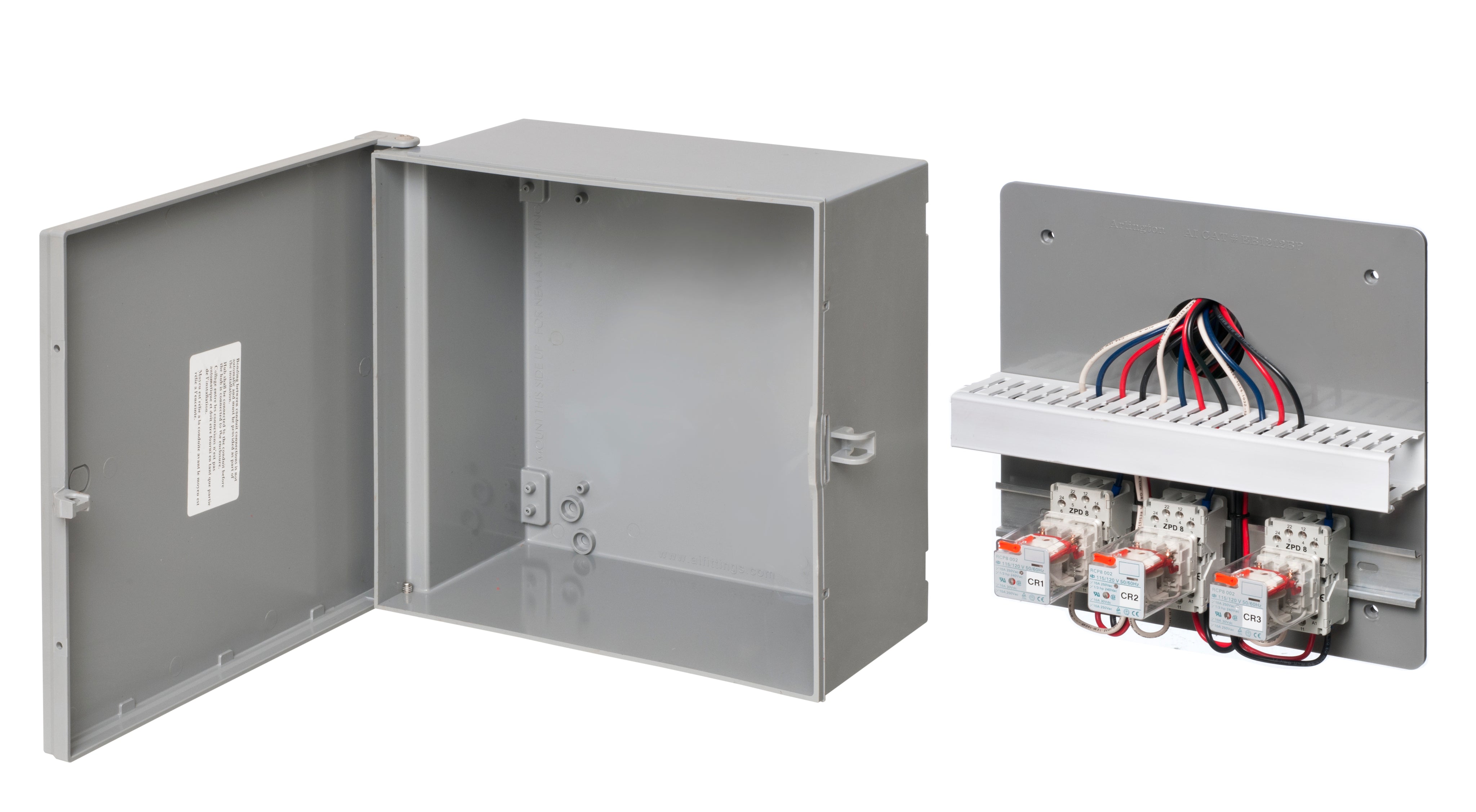 A photo of a , by Arlington Gray Box 12"X12"X6 W/B Heavy-Duty Non-Metallic Enclosure Box with back plate - EB12126BP - ARLINGTON eCommerce - Maple Electric Supply in Canada