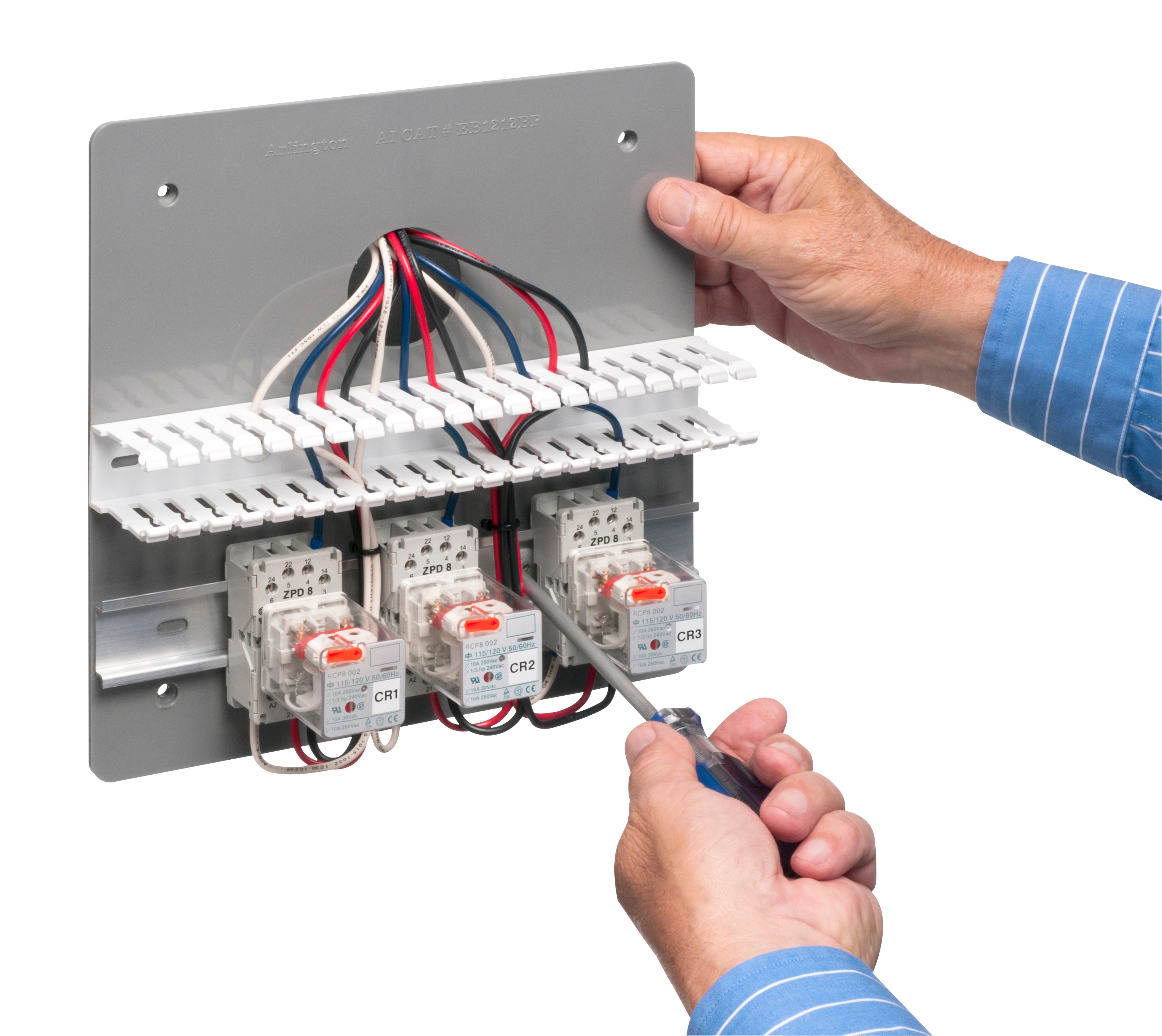 A photo of a , by Arlington Gray Box 12"X12"X6 W/B Heavy-Duty Non-Metallic Enclosure Box with back plate - EB12126BP - ARLINGTON eCommerce - Maple Electric Supply in Canada