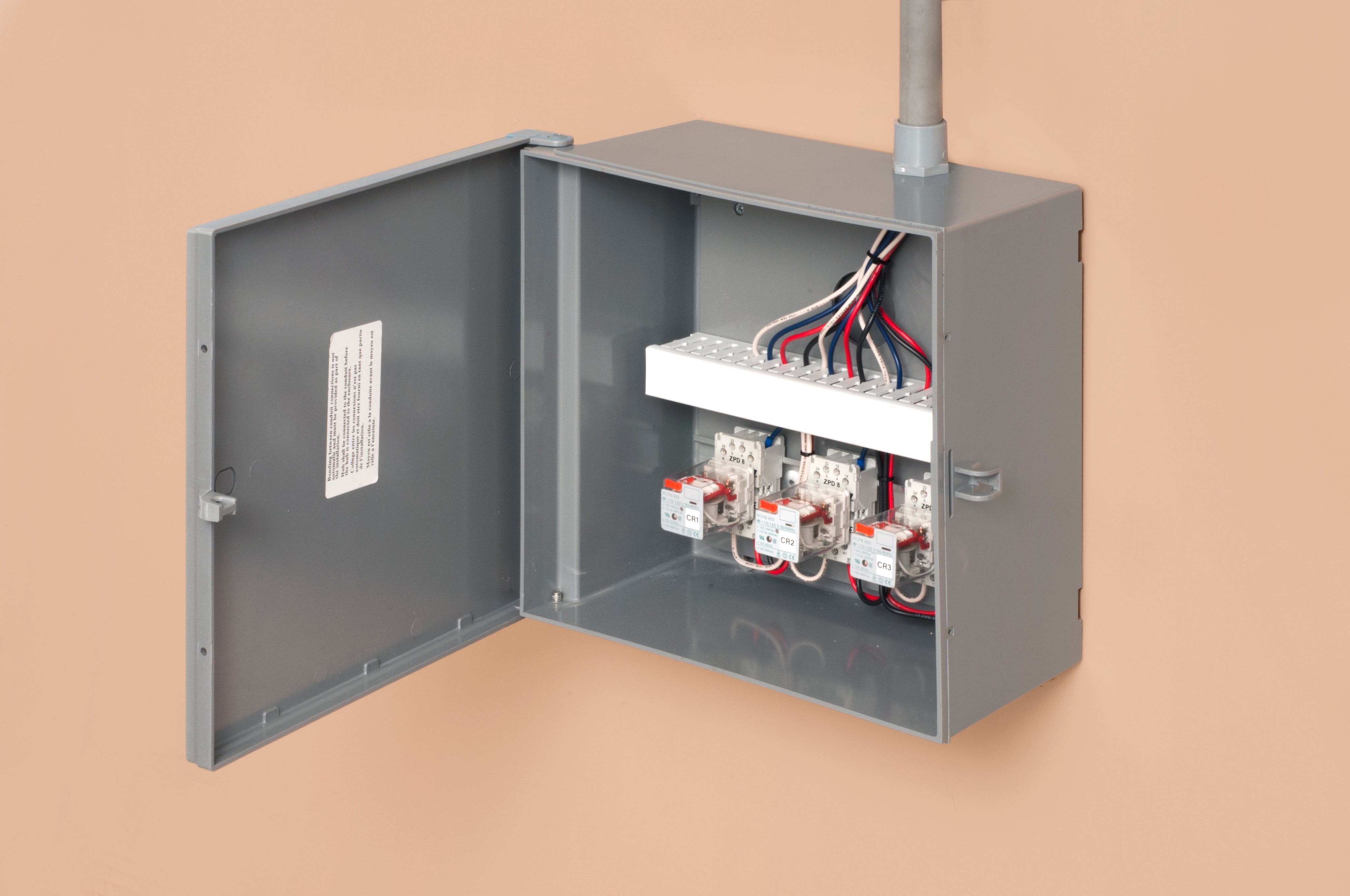 A photo of a , by Arlington Gray Box 12"X12"X6 W/B Heavy-Duty Non-Metallic Enclosure Box with back plate - EB12126BP - ARLINGTON eCommerce - Maple Electric Supply in Canada