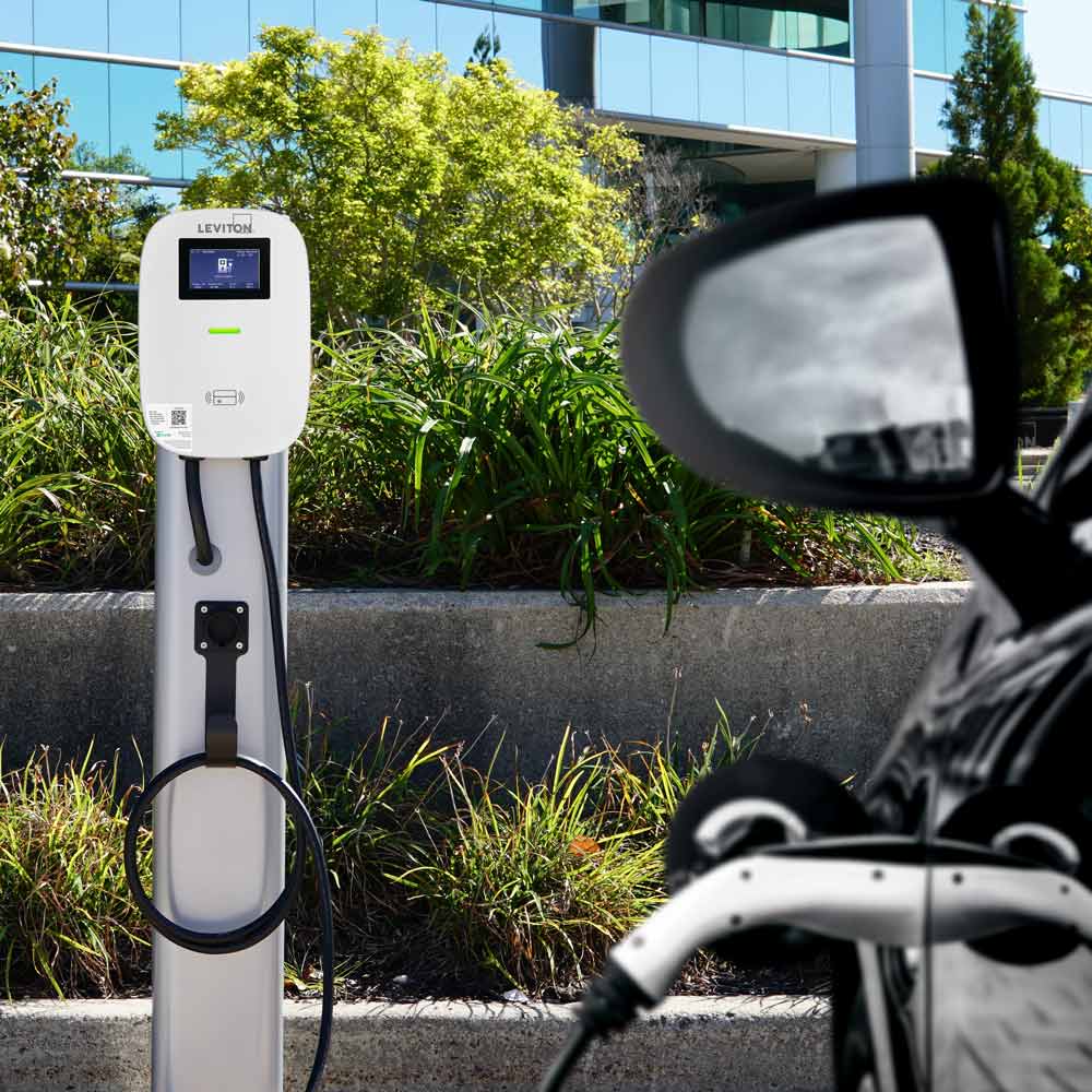 A photo of a EV Charger, by EV48S 48 Amp Level 2 Electric Vehicle Charging Station Charging Station Management Software and LCD Screen - Leviton eCommerce - Maple Electric Supply in Canada