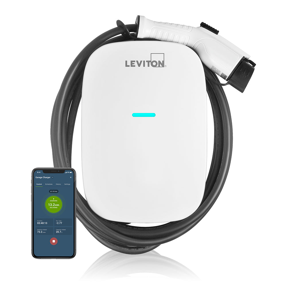 A photo of a EV Charger, by EV80W 80 Amp Level 2 Electric Vehicle Charging Station With Wi-Fi, Works with My Leviton App - Leviton eCommerce - Maple Electric Supply in Canada