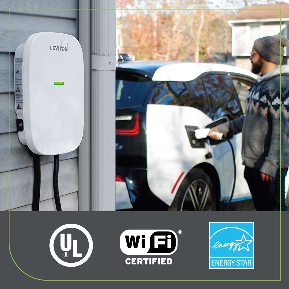 A photo of a , by EV32W 32 Amp Level 2 Electric Vehicle Charging Station With Wi-Fi, Works with My Leviton App - Leviton eCommerce - Maple Electric Supply in Canada