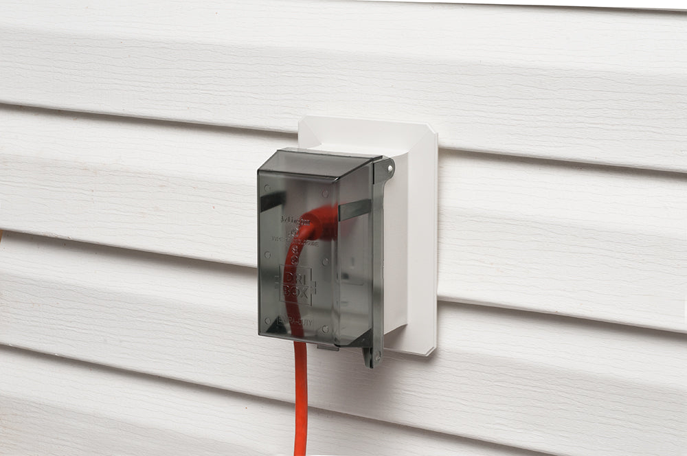 A photo of a , by Vertical Box-Clear Cov - Weatherproof Outlet for Vinyl Siding (Arlington) - ARLINGTON eCommerce - Maple Electric Supply in Canada