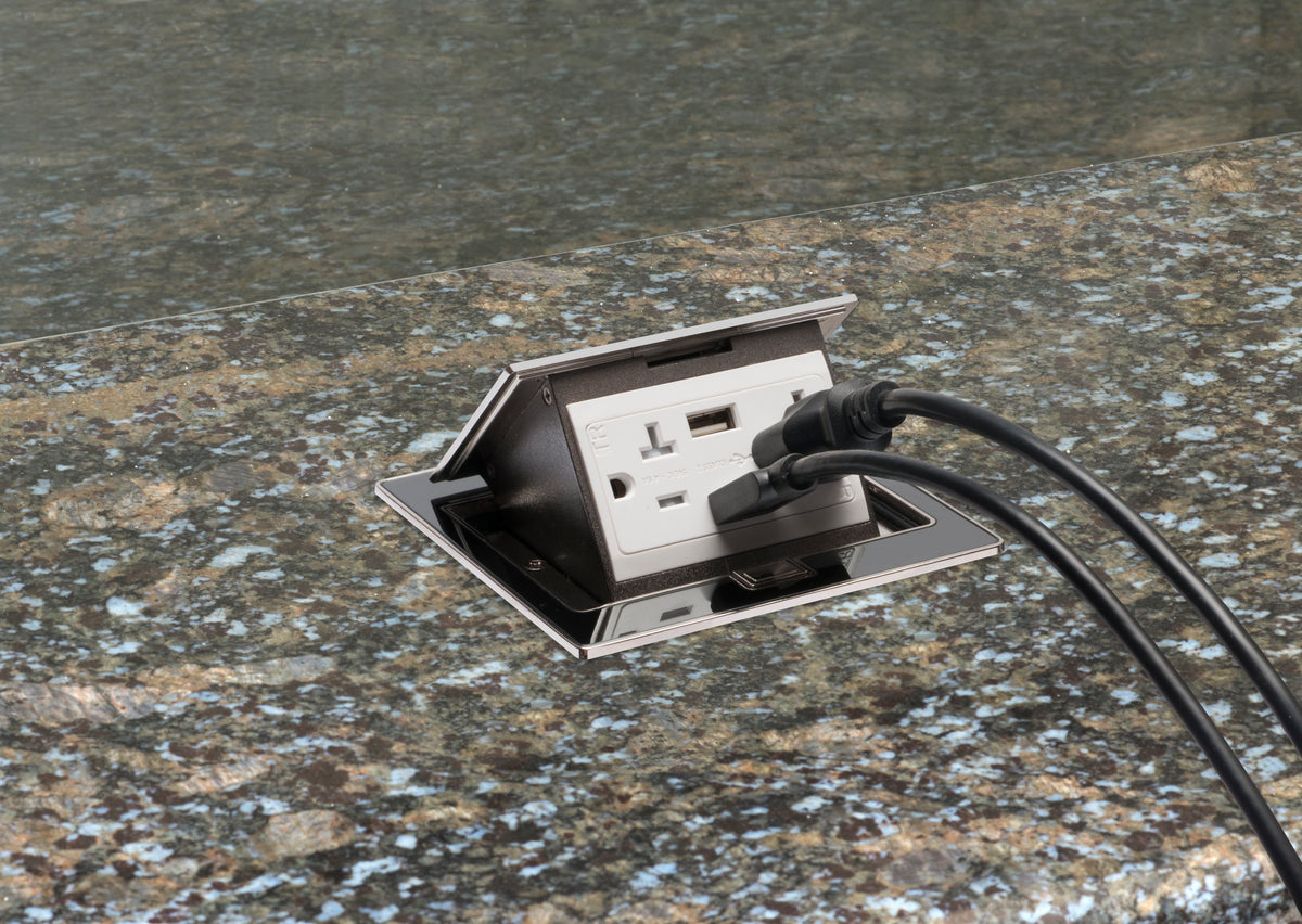 A photo of a , by Trapdoor Countertop Tx Square Stainless Steel Box with USB - ARLINGTON eCommerce - Maple Electric Supply in Canada