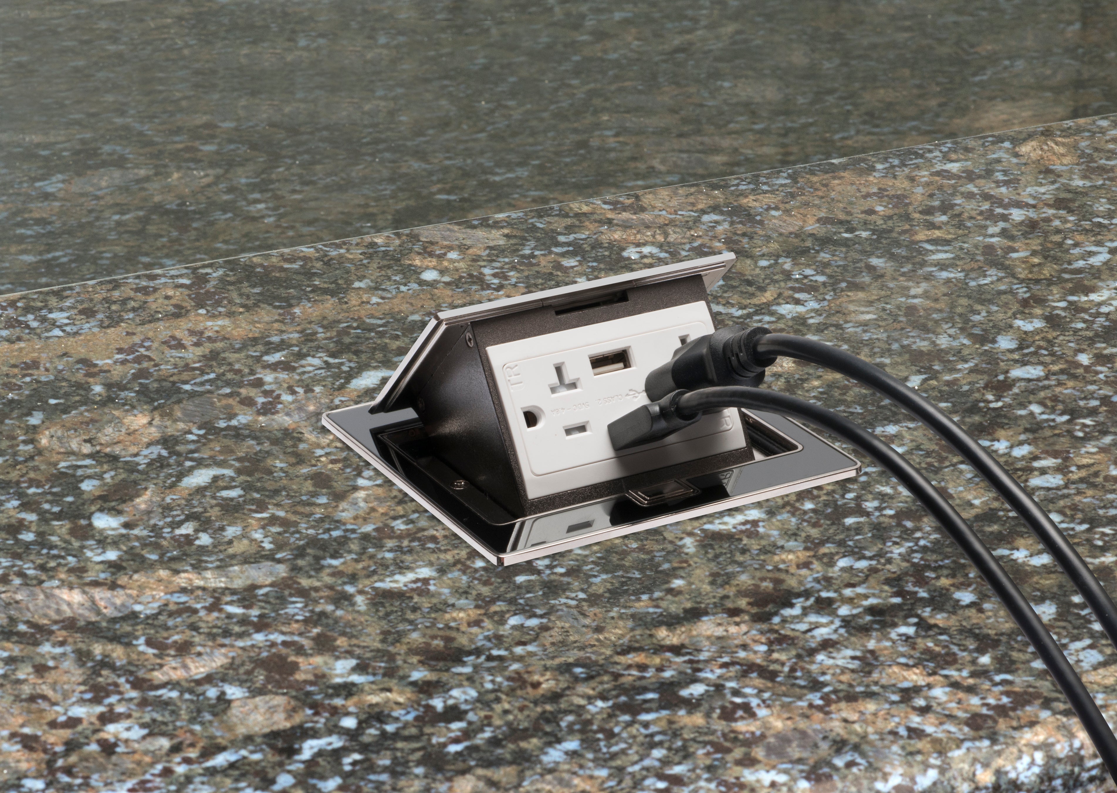 A photo of a , by Trapdoor Countertop Tx Square Stainless Steel Box with USB - ARLINGTON eCommerce - Maple Electric Supply in Canada