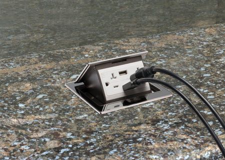 A photo of a , by Trapdoor Countertop Tx Square Stainless Steel Box with USB - ARLINGTON eCommerce - Maple Electric Supply in Canada