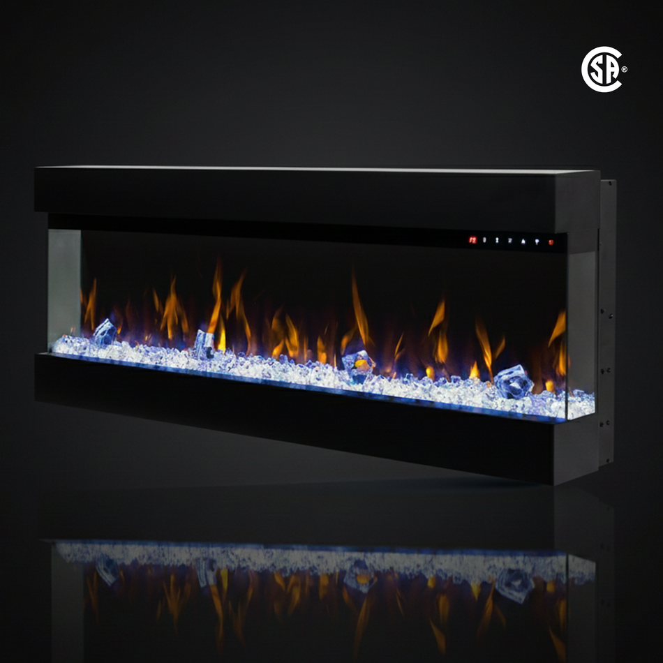Ortech LEDFP-3-60 60in 3-Sided LED Fireplace, Black, 1500W, Wall or Recessed