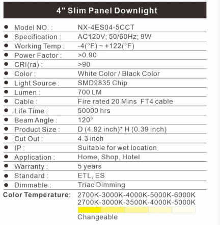 4" Slim Panel Downlight 9W 5CCT - Maple Electric Supply 