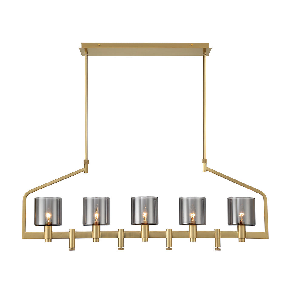 Eurofase Decato 42" 5-Light Chandelier, Satin Gold Paint with Smoked Glass, front view