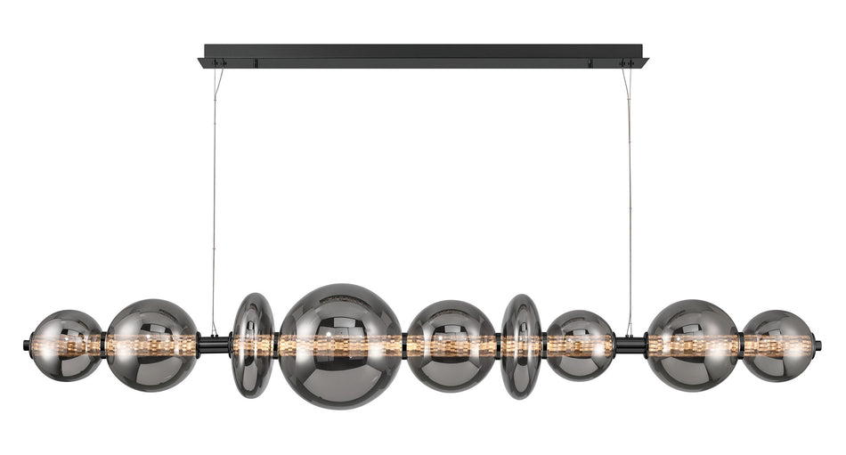 Eurofase Atomo 74" 3-Light Chandelier, Matte Black with Smoked Glass, front view