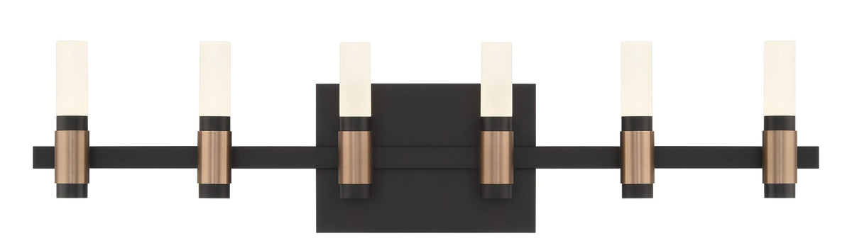 Eurofase Albany 27" 6-Light LED Vanity, Brass-Black Mix with White Acrylic, front view