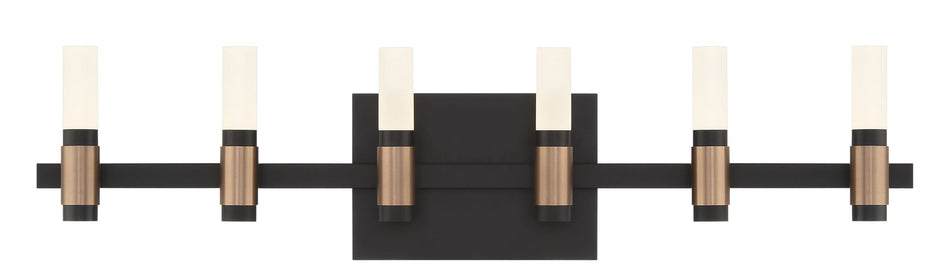 Eurofase Albany 27" 6-Light LED Vanity, Brass-Black Mix with White Acrylic, front view