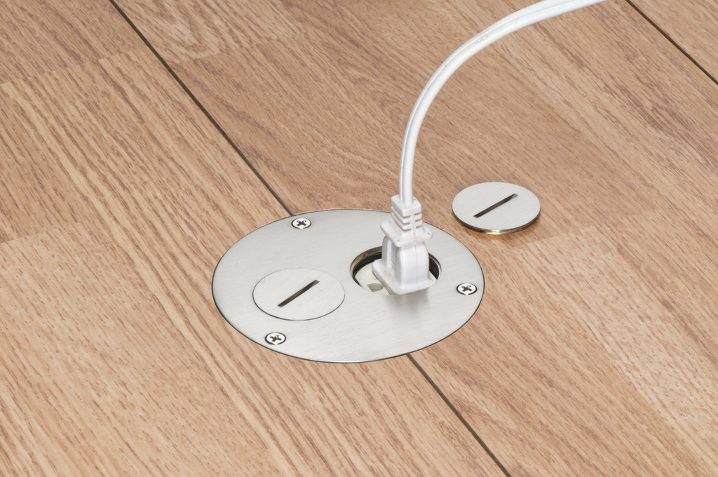 A photo of a , by FLB3520NLGC Arlington Nickel Retro Floor Box - Flush Round Kit, Threaded Plugs - ARLINGTON eCommerce - Maple Electric Supply 