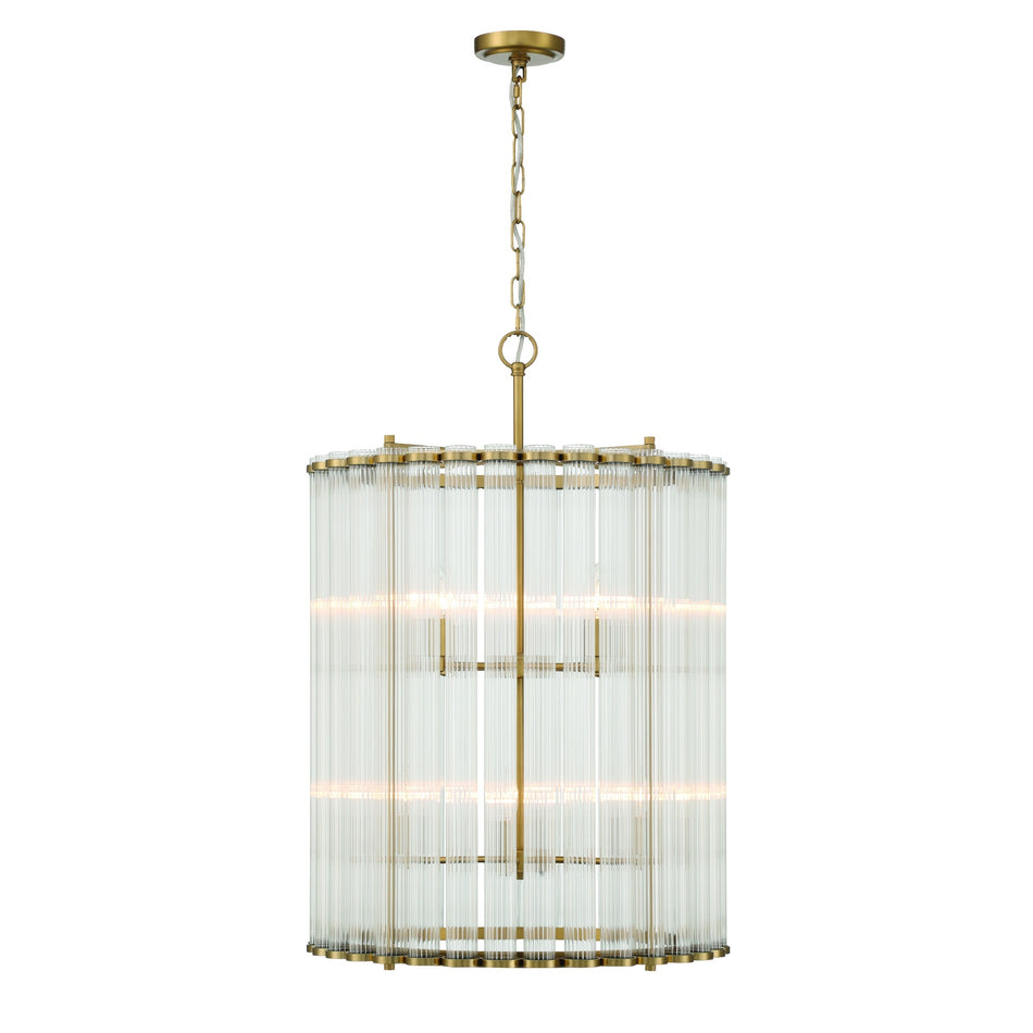Eurofase Glasbury 27" 8-Light Chandelier, Gold with Ribbed Glass, front view
