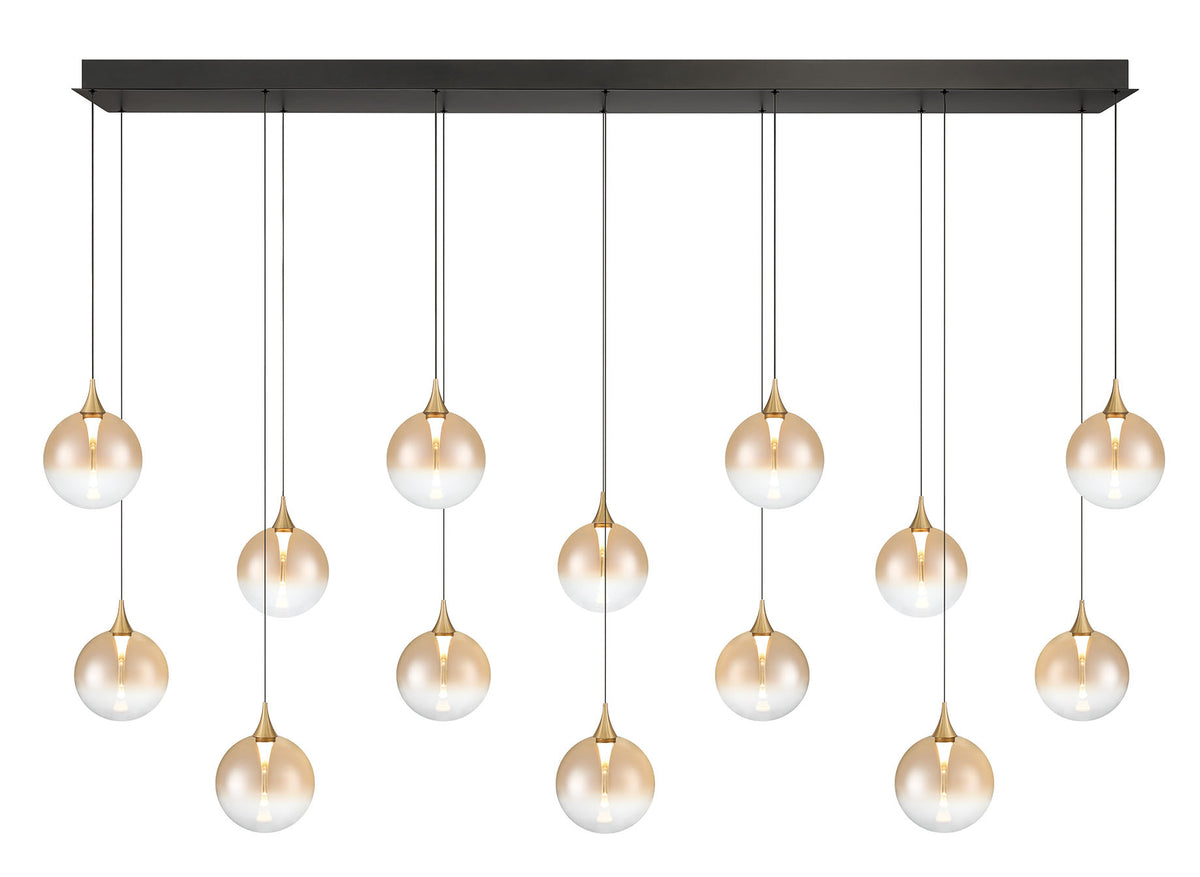 Eurofase Iissa 72" 14-Light LED Chandelier, Gold with Amber Glass, front view