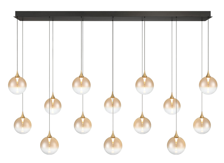 Eurofase Iissa 72" 14-Light LED Chandelier, Gold with Amber Glass, front view