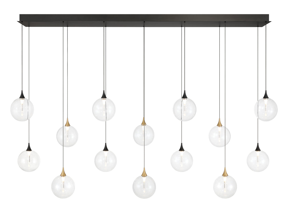 Eurofase Iissa 72" 14-Light LED Chandelier, Gold-Black Mix with Clear Glass, front view