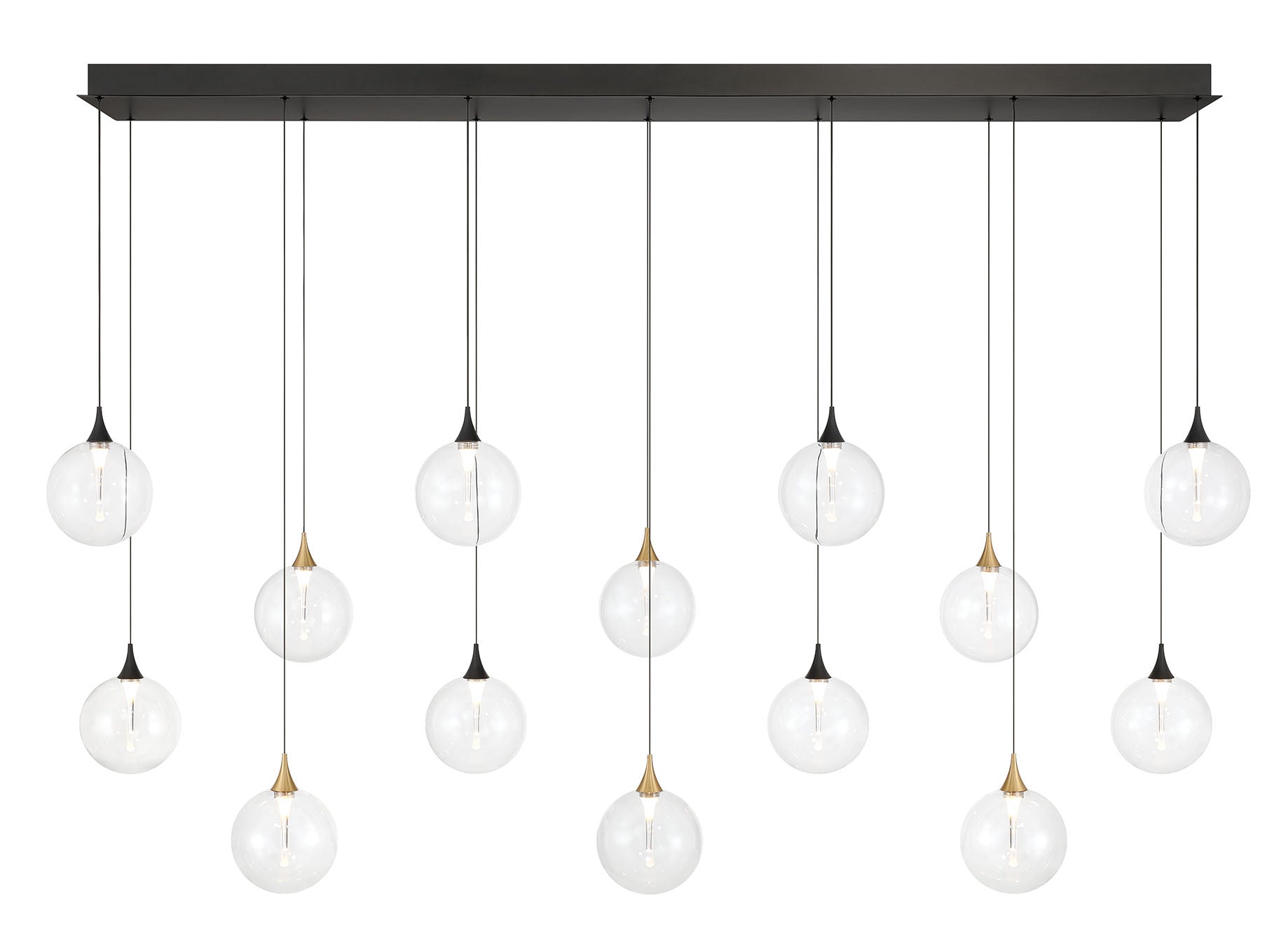 Eurofase Iissa 72" 14-Light LED Chandelier, Gold-Black Mix with Clear Glass, front view