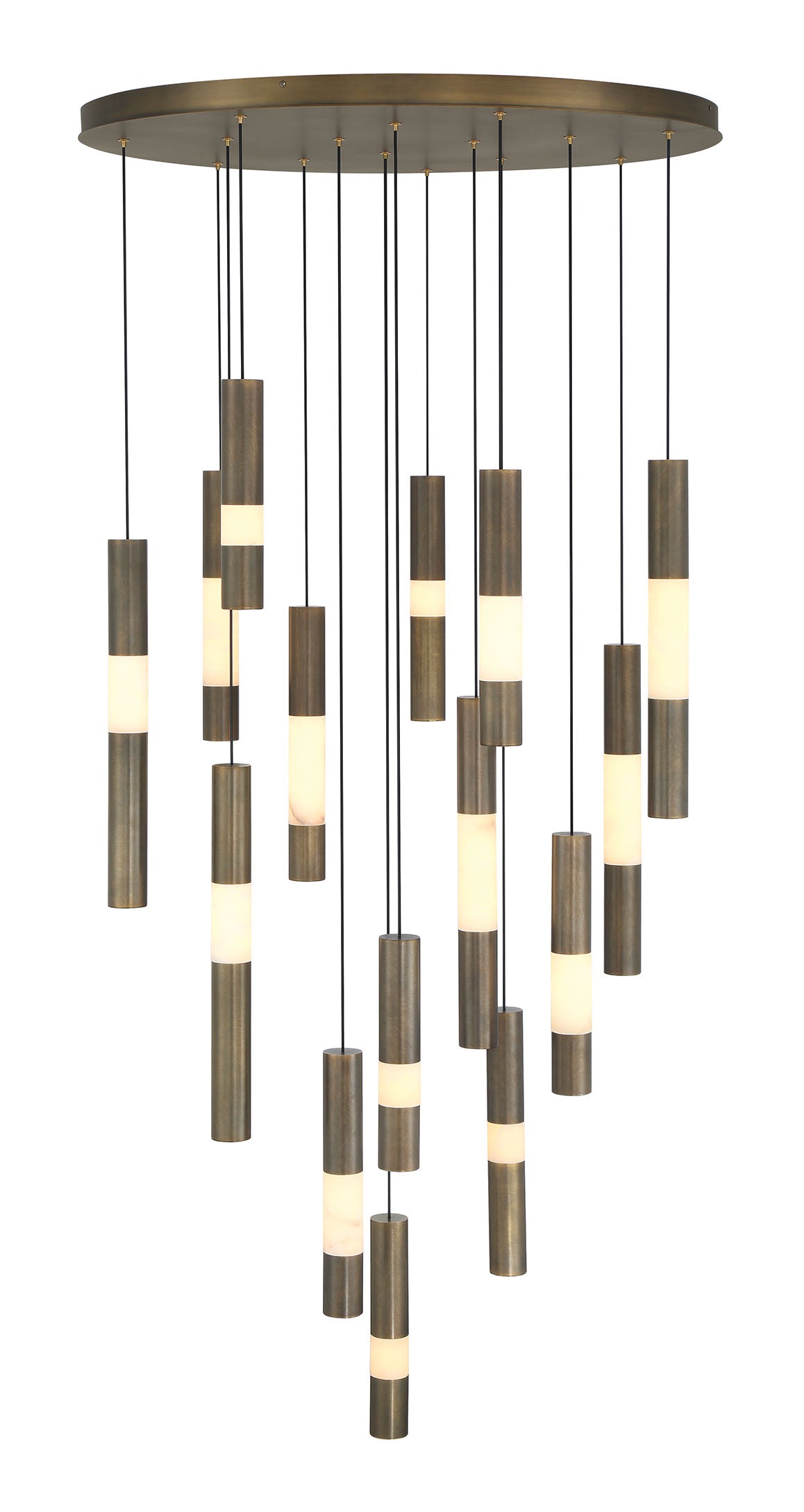 Eurofase Ronda 32" 15-Light LED Chandelier, Weathered Brass with Alabaster, front view