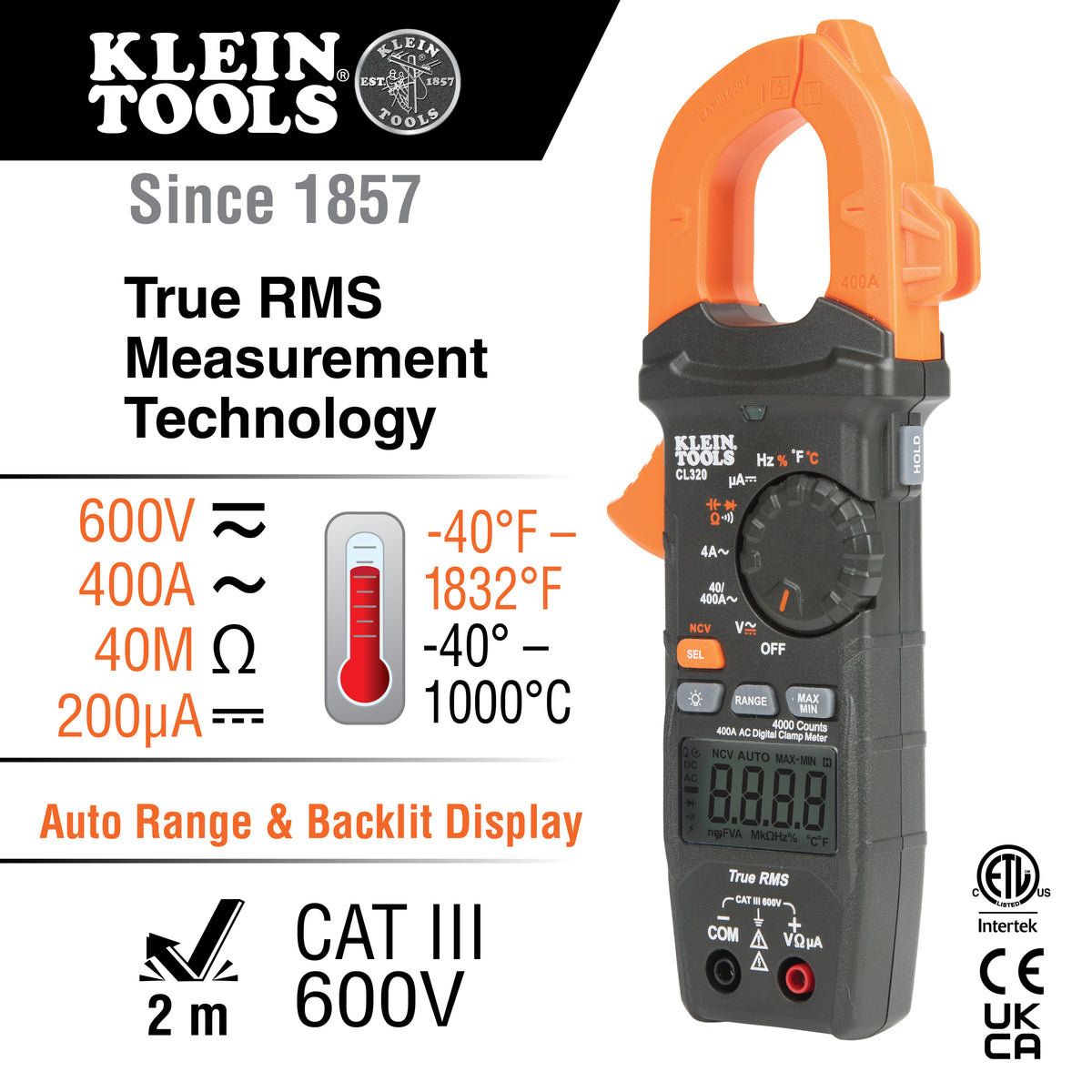 CL320 HVAC Digital Clamp Meter, AC Auto-Ranging 400 Amp