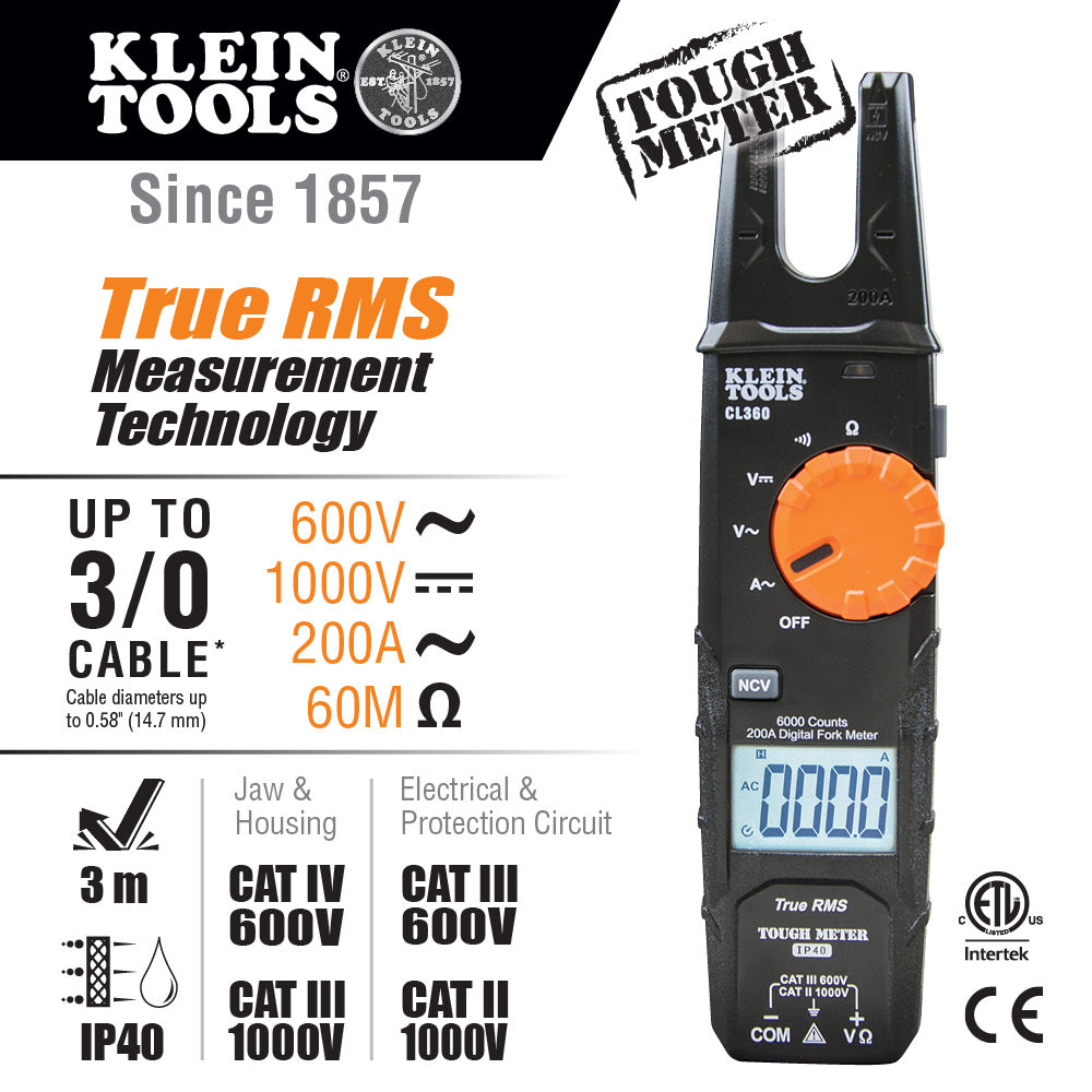 Open Jaw Fork Meter, AC Auto-Ranging 200 Amp