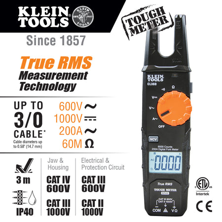 Open Jaw Fork Meter, AC Auto-Ranging 200 Amp
