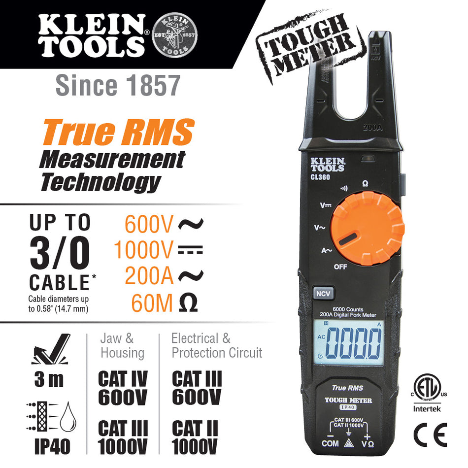 Open Jaw Fork Meter, AC Auto-Ranging 200 Amp