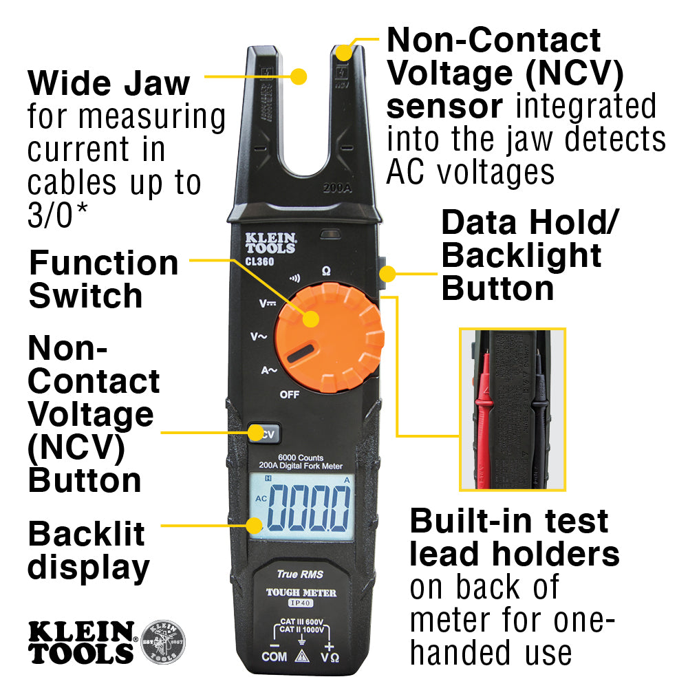 Open Jaw Fork Meter, AC Auto-Ranging 200 Amp