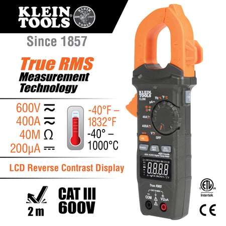 CL390 Klein Tools AC/DC Digital Clamp Meter, auto-ranging, 400 A