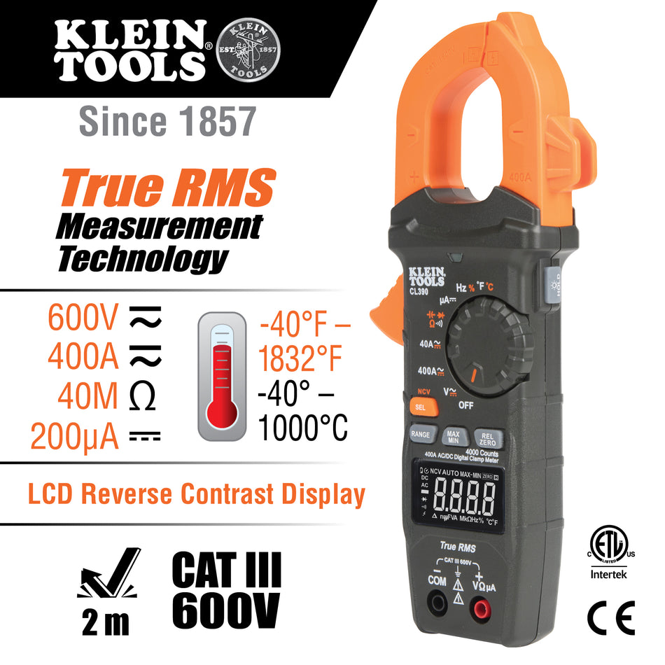Klein Tools CL390 CL390  Klein Tools AC/DC Digital Clamp Meter, auto-ranging, 400 A - feature detail