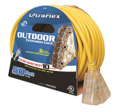 Extension Cord Outdoor / Indoor SJTW 10 / 3 Lighted 3-Tap Yellow 50ft - Maple Electric Supply 