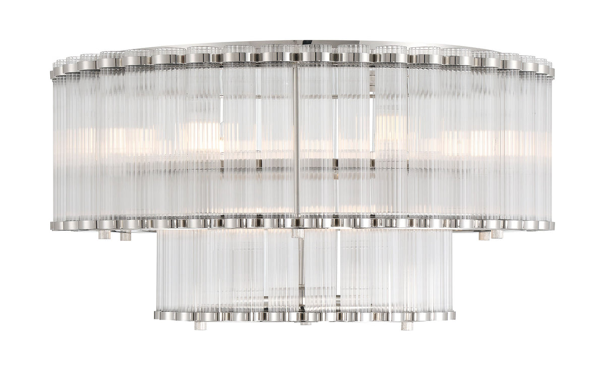 Eurofase Glasbury 24" 9-Light Flush Mount, Polished Nickel with Ribbed Glass, front view