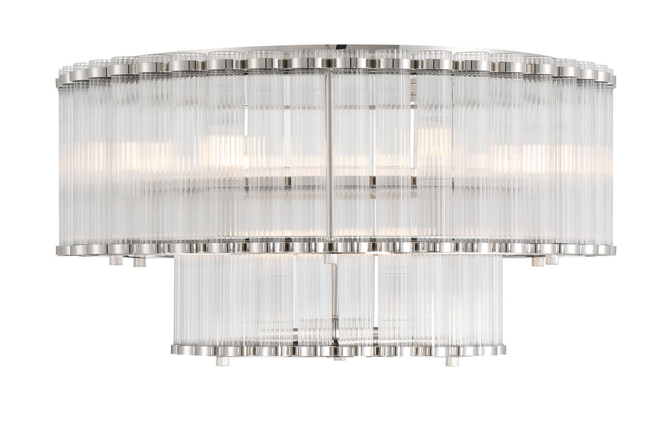 Eurofase Glasbury 24" 9-Light Flush Mount, Polished Nickel with Ribbed Glass, front view