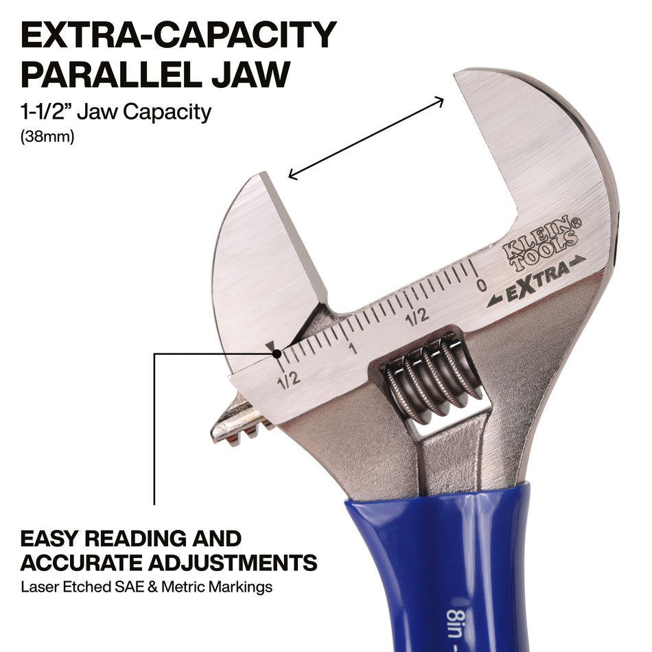 Klein Tools D509-8 Adjustable Wrench, Extra-Wide Jaw, 8-Inch - additional view