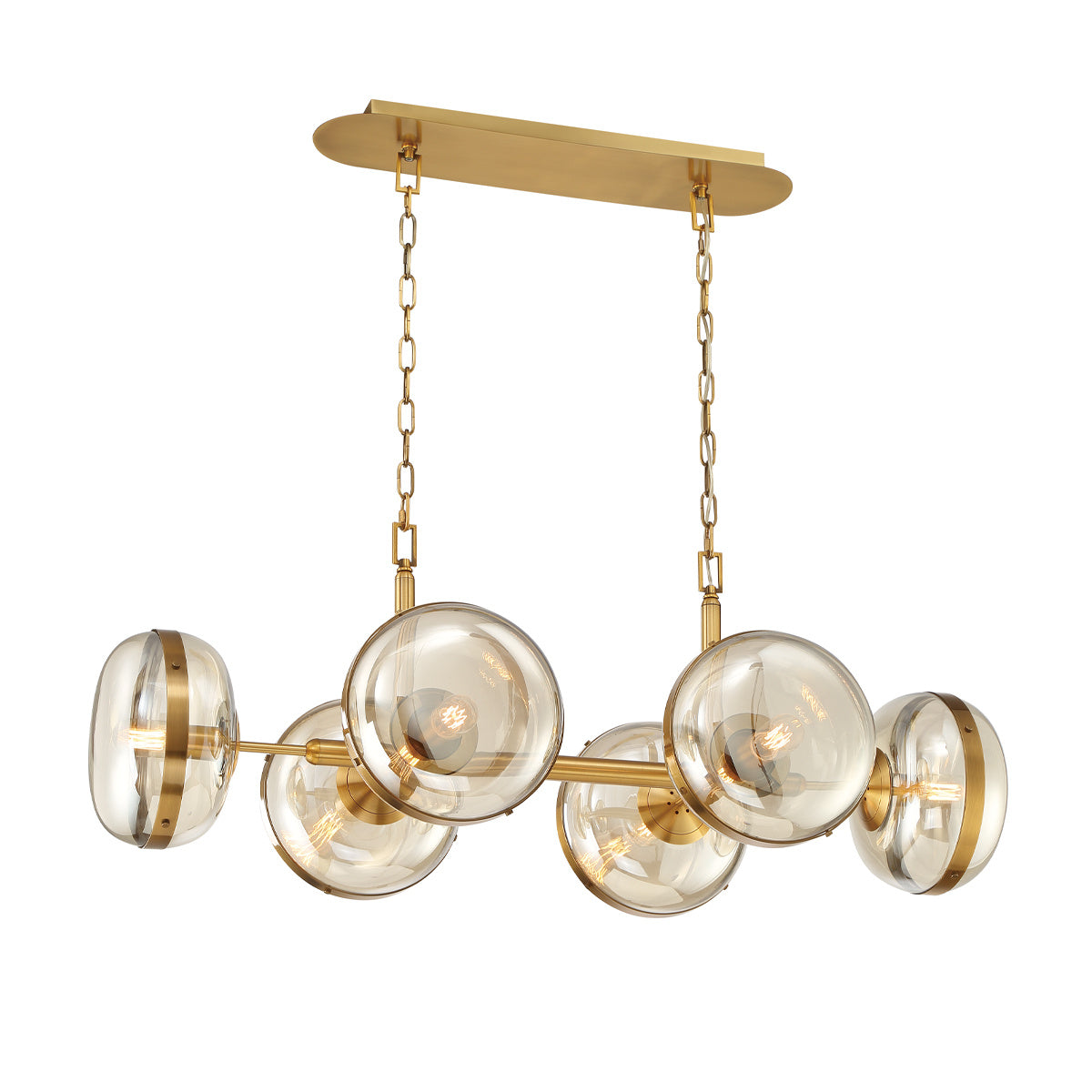 Eurofase Nottingham 43" 6-Light Chandelier, Antique Brass with Amber Glass, front view