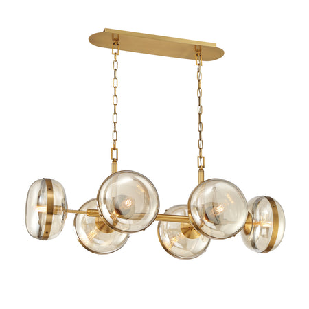 Eurofase Nottingham 43" 6-Light Chandelier, Antique Brass with Amber Glass, front view