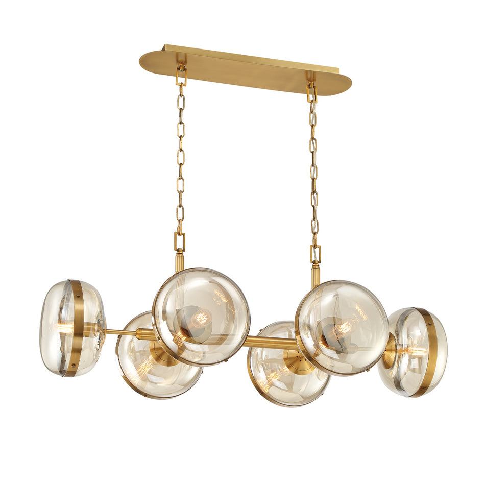 Eurofase Nottingham 43" 6-Light Chandelier, Antique Brass with Amber Glass, front view