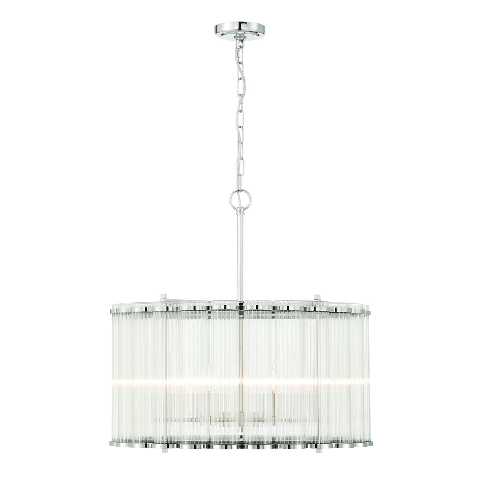 Eurofase Glasbury 24" 6-Light Chandelier, Polished Nickel with Ribbed Glass, front view