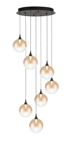 Eurofase Iissa 21" 7-Light LED Chandelier, Matte Black with Amber Glass, front view