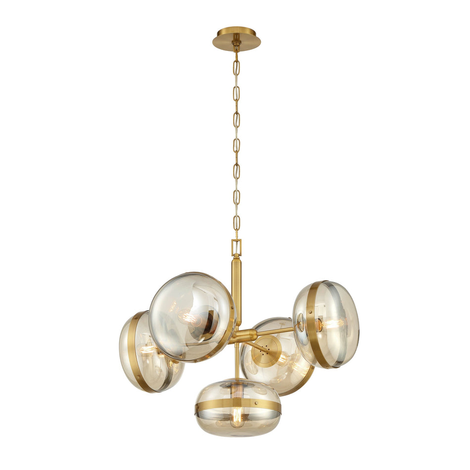Eurofase Nottingham 28" 5-Light Chandelier, Antique Brass with Amber Glass, front view