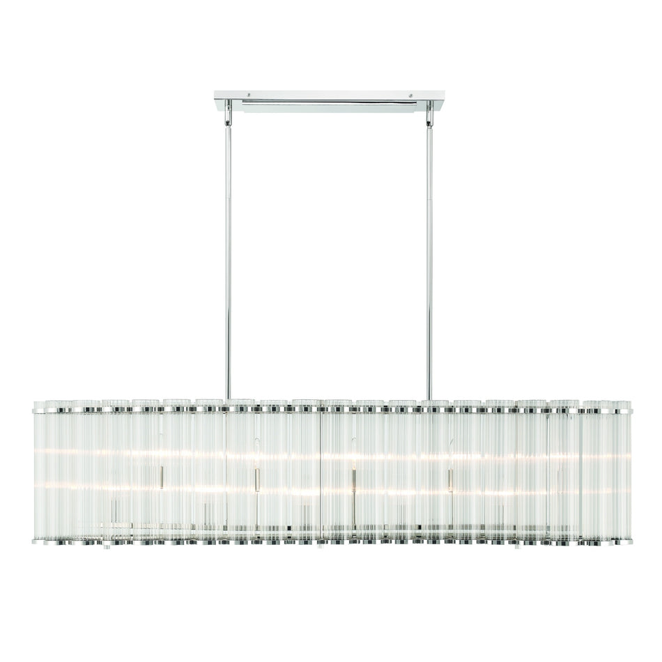 Eurofase Glasbury 52" 10-Light Chandelier, Polished Nickel with Ribbed Glass, front view